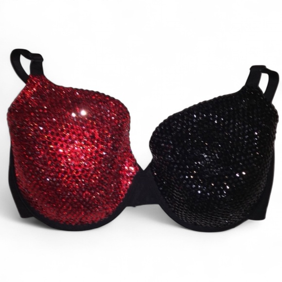 Crystal Rhinestone Classic Siam Red & Jet Black Glam Bling Bra Top All Sizes New - Picture 1 of 9
